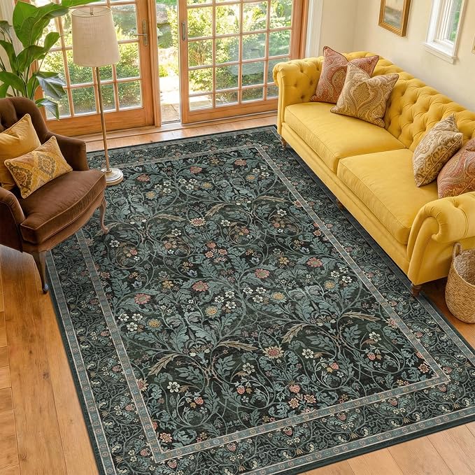 Dusty Teal Area Rug for Living Room, Floral Washable Rugs 5x7 for Bedroom by Evyhood