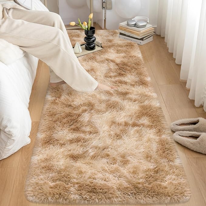 2x8 ft Plush High Pile Khaki Tie Dyed Rug Fluffy Soft Runner Bedside Rug - Image 3