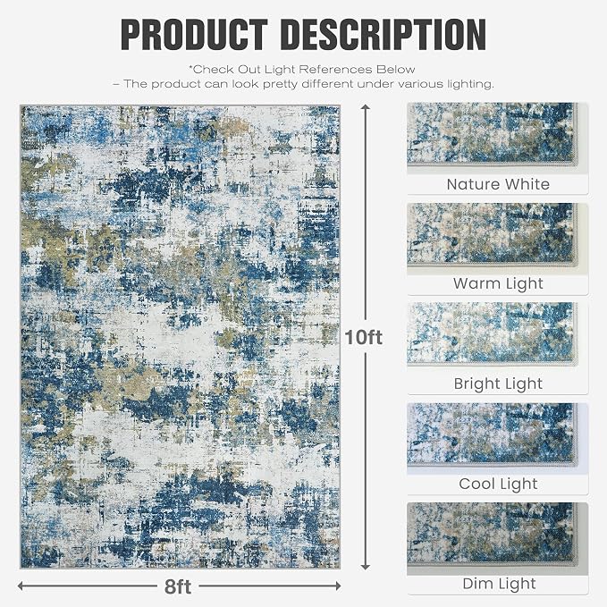 Area Rug 8x10 Living Room Rug Washable: No-Slip Abstract Soft Thin Large Blue - Image 2
