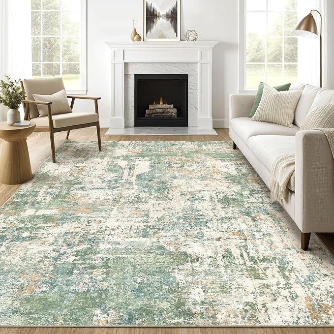Area Rugs 9x12 Living Room: Washable Large Abstract Soft Green Rug Stain by LOONGRUG