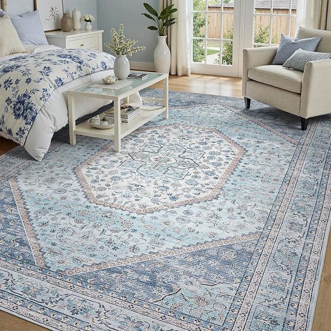 DCX Machine Washable Blue and Beige Area Rug 6x9, Non Slip Stain Resistant - Image 2