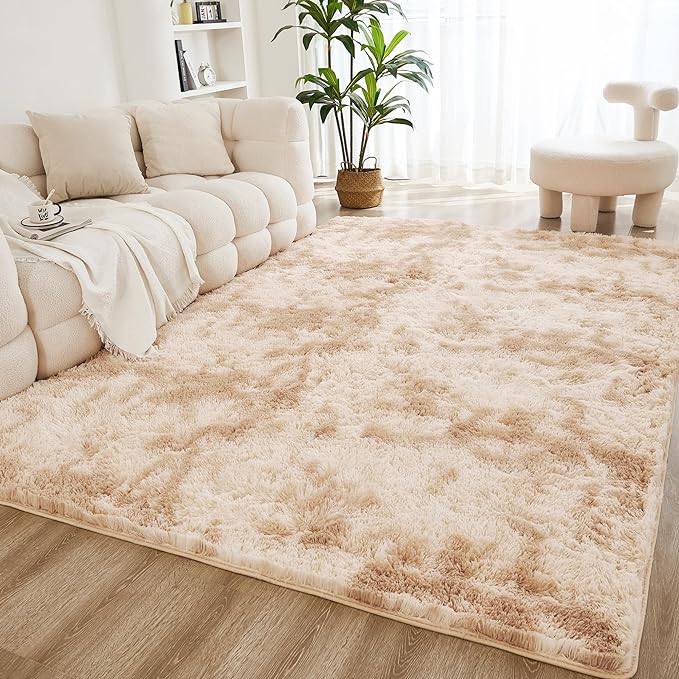 Litanika 6x9 Shag Area Rug for Living Room Bedroom, Tie-Dyed Beige High Pile by Litanika