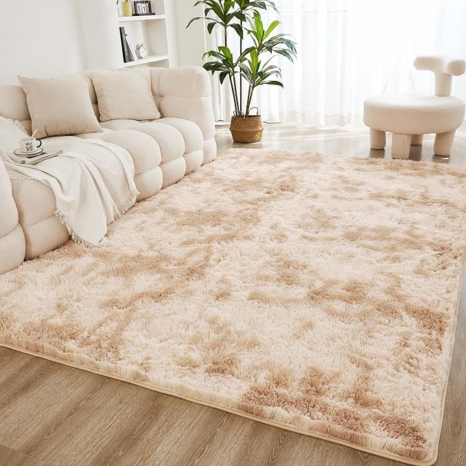 Litanika 8x10 Shag Area Rug for Living Room Bedroom, Tie-Dyed Beige High Pile by Litanika