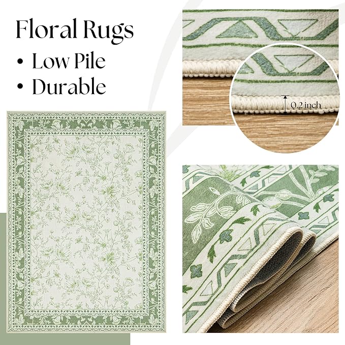 Sage Green Area Rugs 10x12 for Living Room Boho Washable Extra Large Floral - Image 5