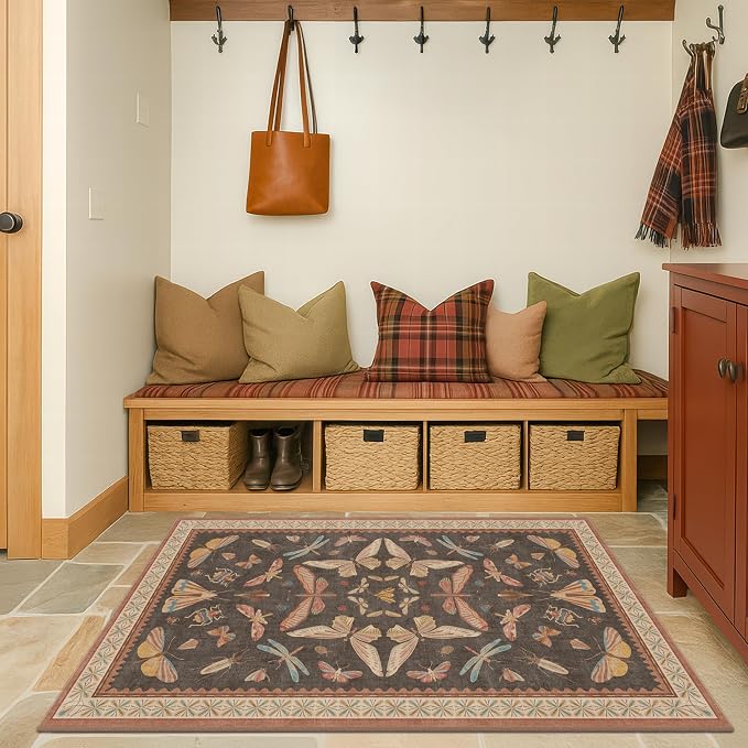Boho Brown Farmhouse Rug 3x4, Soft Low Pile Entryway Carpet by HazoHaus
