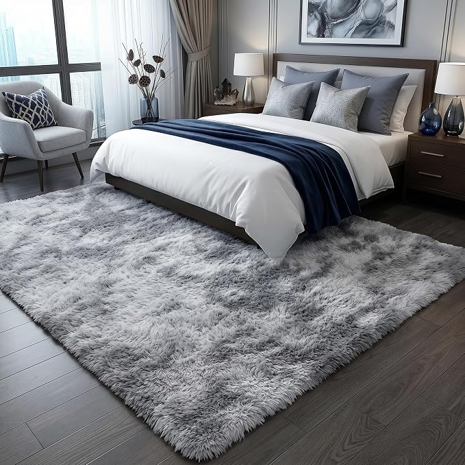 ONASAR Area Rugs for Bedroom Living Room, 4x6 Tie-Dyed Light Grey Fluffy Shaggy - Image 7
