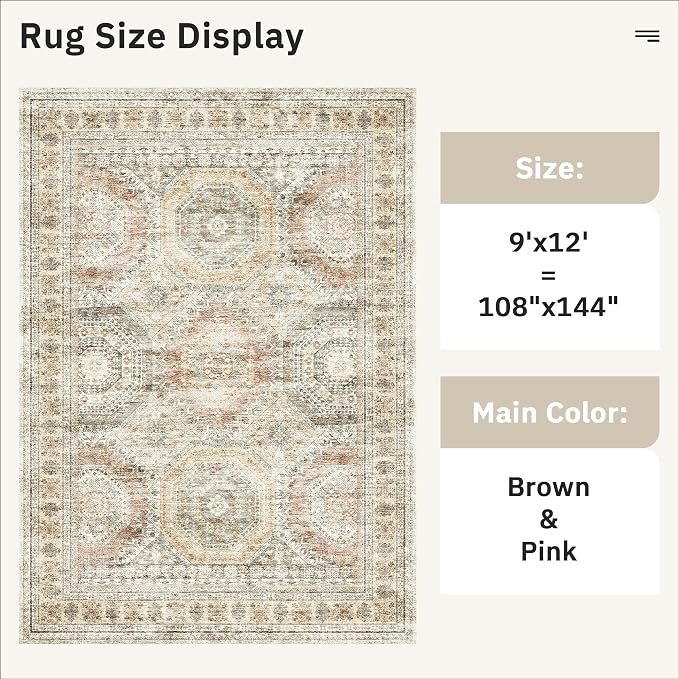 Soalmost 9x12 Area Rugs for Living Room, Non Slip Machine Washable Vintage Rugs - Image 3