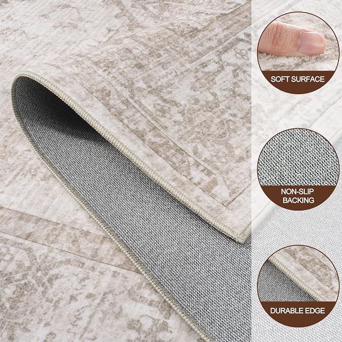 9x12 Area Rugs for Living Room:Beige Washable Vintage Medallion Carpet Non-Slip - Image 8