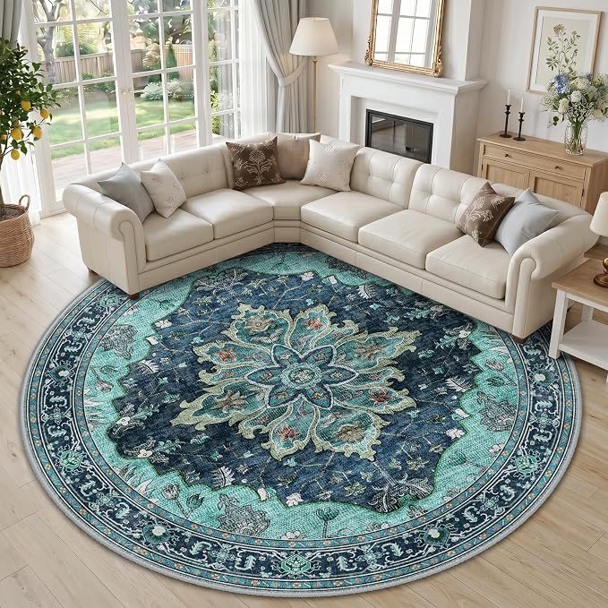 RELEANY Area Rugs Round 10ft Washable Non-Slip, Floral Vintage Distress by RELEANY