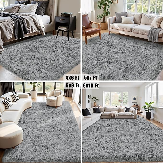 8x10 Area Rug for Living Room:Ultra Soft Fluffy Shag Light Grey Rugs, Large - Image 5