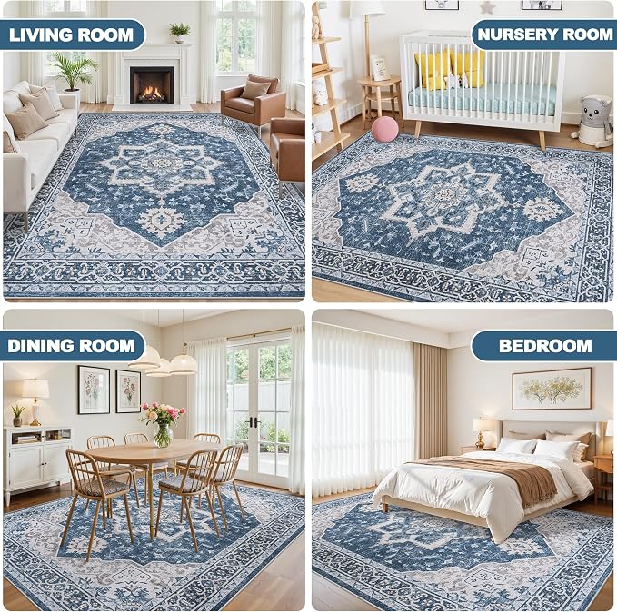 8x10 Area Rugs for Living Room:Blue Washable Vintage Medallion Boho Rug - Image 6