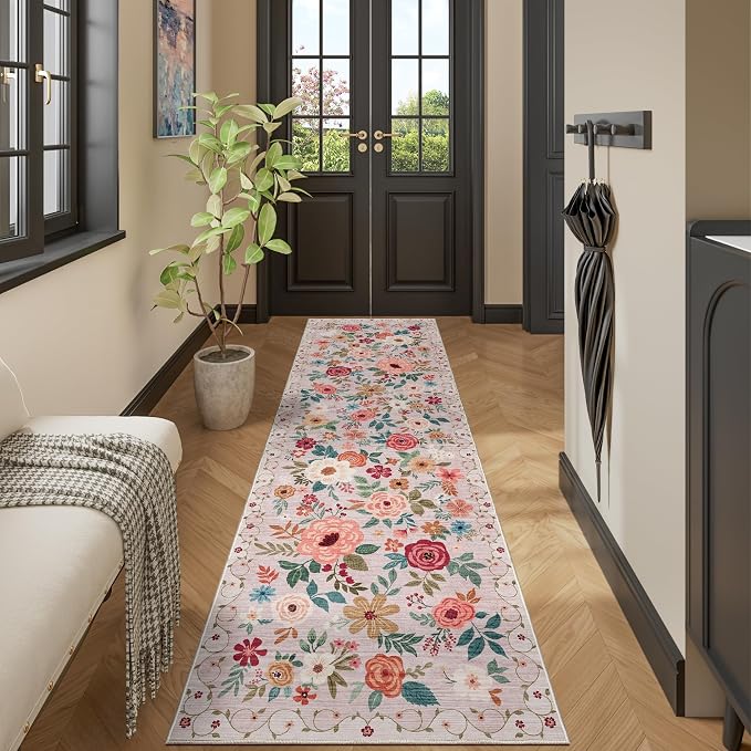 DUKINO 2.6x12 Kitchen Runner Rug, Lightweight Floral Washable Rug - Image 6