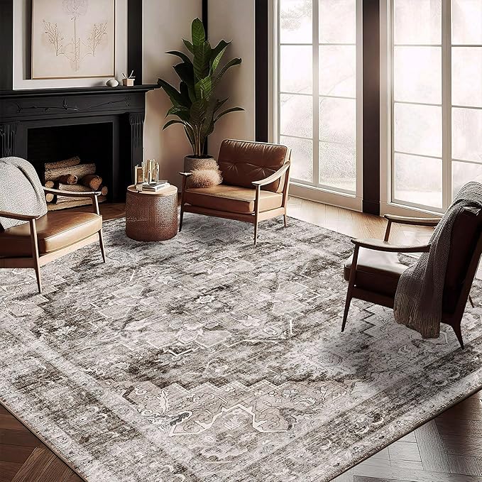 CHAMPLANT Washable Area Rug 9'x12' Deep Khaki Retro Flowers Boho Design by CHAMPLANT