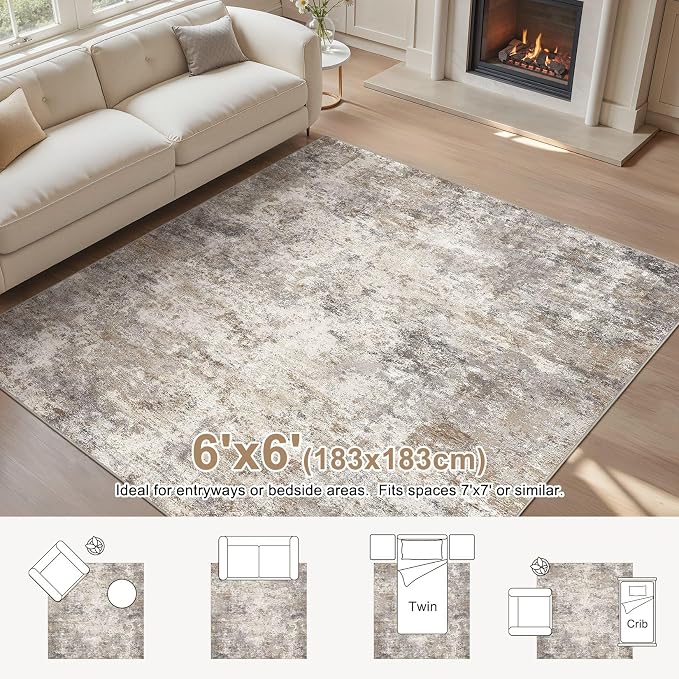 UERMEI Square Area Rugs : Washable 6x6 Neutral Modern Abstract Carpet - Image 2