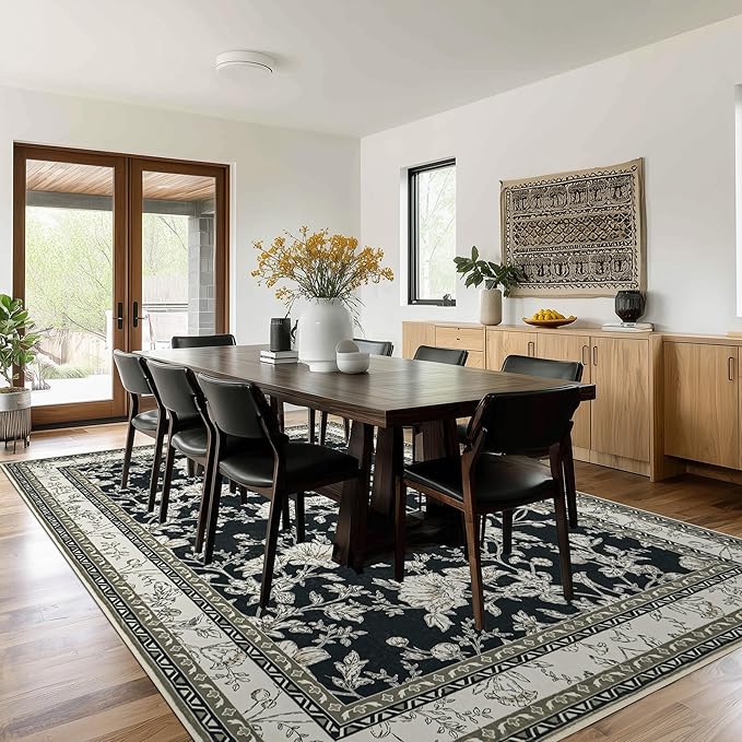 Black Floral Area Rugs 6x9 Living Room, Vintage Modern Farmhouse Boho Indoor - Image 2
