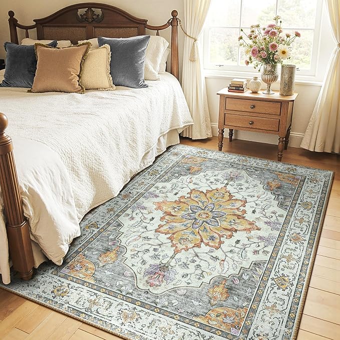RELEANY Area Rugs 4'x5' Washable Non-Slip, Floral Vintage Distress Medallion - Image 2