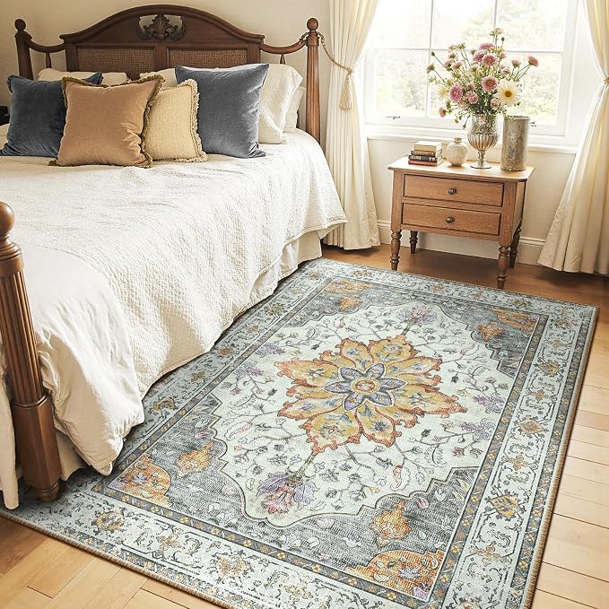 RELEANY Area Rugs 6'x9' Washable Non-Slip, Floral Vintage Distress Medallion - Image 2