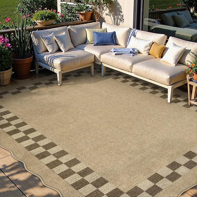 LIVEBOX Scalloped Easy Jute Checkered 8x10 Outdoor Rug, Washable Farmhouse Tan - Image 3