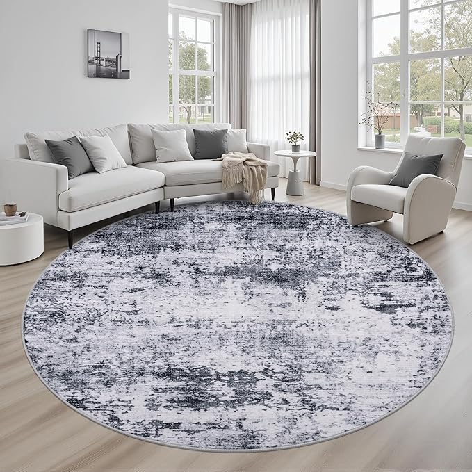 Round Area Rug for Living Room: 8 ft Washable Modern Abstract Soft Thin Rug by FXRHLP