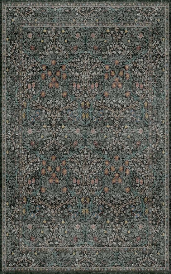 Washable Vintage 5x8 Living Room Rug, Dark Green Floral Area Rug - Image 3