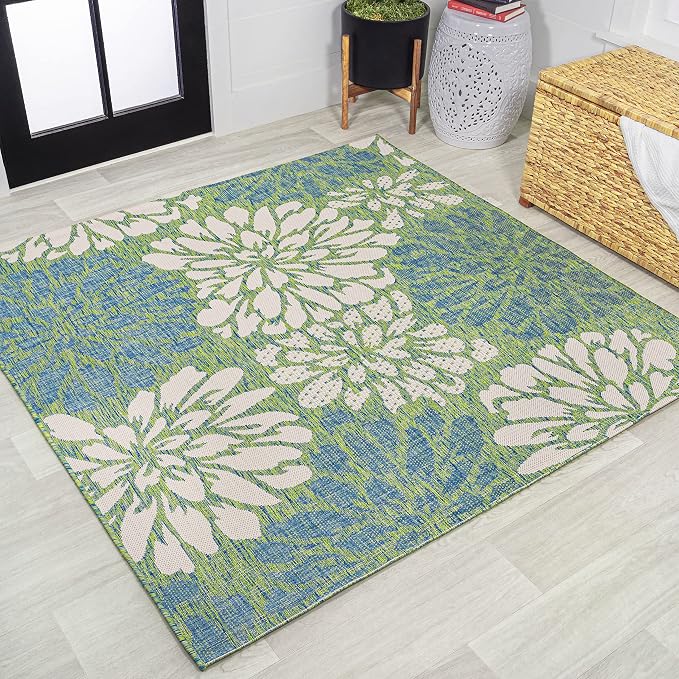 JONATHAN Y Floral Textured Weave Indoor Outdoor Square Area Rug 5X5 Cream/Green by JONATHANY