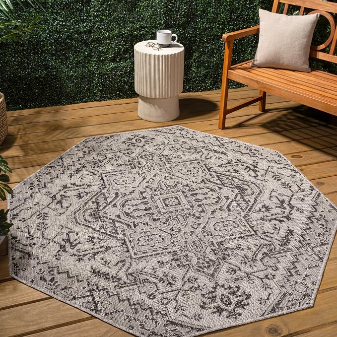 JONATHAN Y Boho Medallion Indoor Outdoor Octagon Area Rug 8 Ft Black/Gray - Image 3