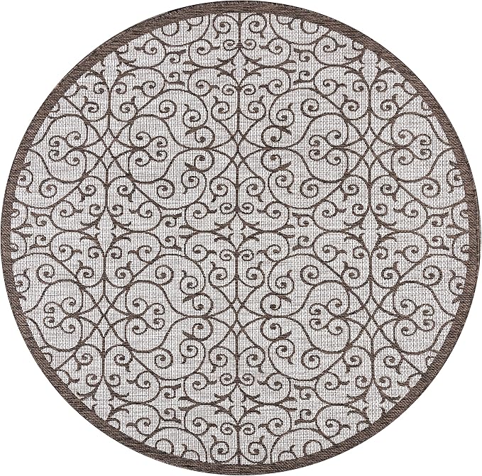 JONATHAN Y Vintage Filigree Indoor Outdoor Round Area Rug 9 Ft Taupe/Espresso - Image 9