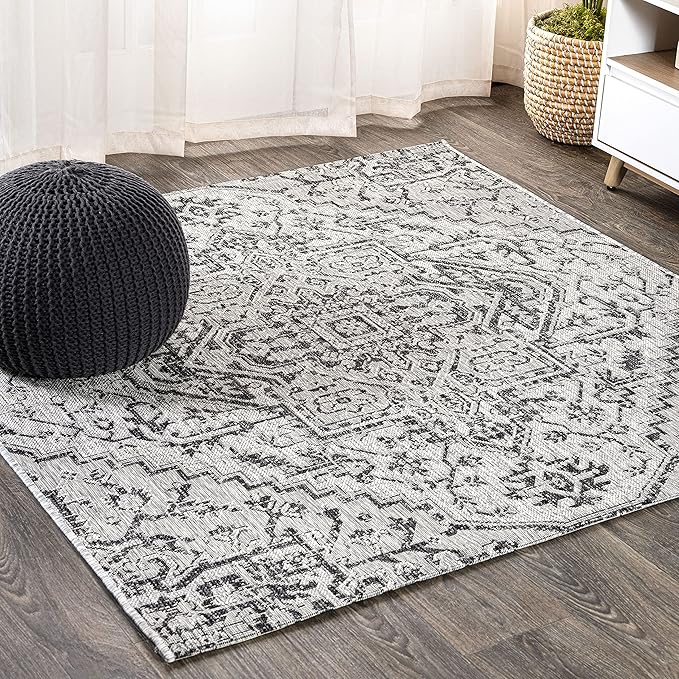 JONATHAN Y Boho Medallion Indoor Outdoor Square Area Rug 5X5 Black/Gray by JONATHANY