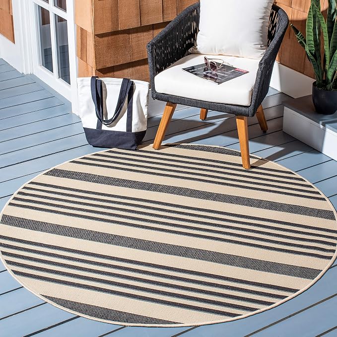 SAFAVIEH Courtyard Collection 7'10" Round Black/Bone CY6062 Stripe Indoor/ by Unknown