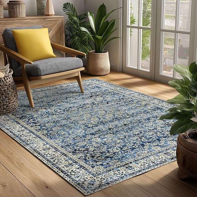 Machine Washable Area Rugs 4x6 Blue Low Pile Soft Carpet by BILEEHOME