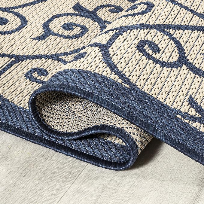 JONATHAN Y Vintage Filigree Indoor Outdoor Round Area Rug 5 Ft Navy/Beige - Image 5