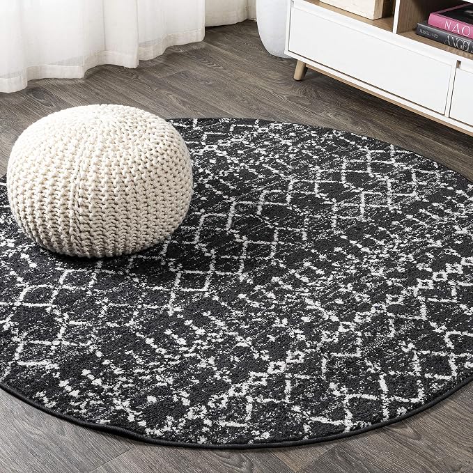 JONATHAN Y Boho Vintage Diamond Black/Ivory Round Area Rug 3 ft, Moroccan Hype by JONATHANY