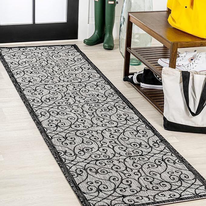JONATHAN Y Vintage Filigree Indoor Outdoor Runner Rug 2X10 Light Gray/Black by JONATHANY