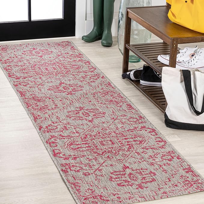JONATHAN Y Boho Medallion Indoor Outdoor Runner Rug 2X10 Light Gray/Fuchsia by JONATHANY