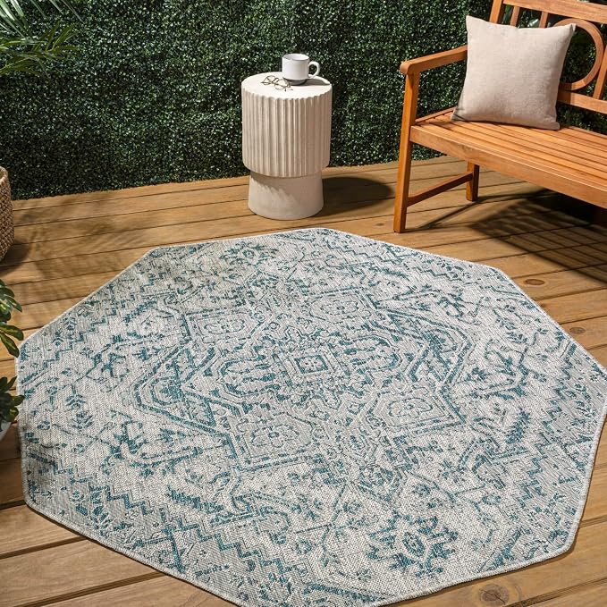 JONATHAN Y Boho Medallion Indoor Outdoor Octagon Area Rug 5 Ft Teal/Gray - Image 3