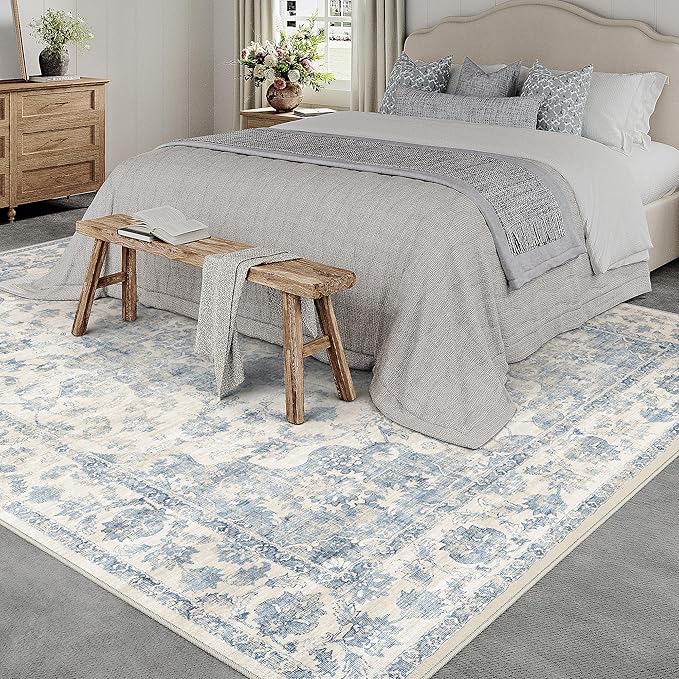 6x9 Washable Neutral Area Rug Blue Vintage Living Room Bedroom Carpet Non-Slip - Image 2