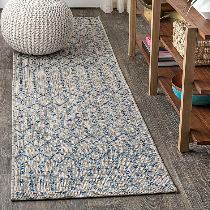 JONATHAN Y Moroccan Geometric Indoor Outdoor Runner Rug 2X8 Light Gray/Navy by JONATHANY