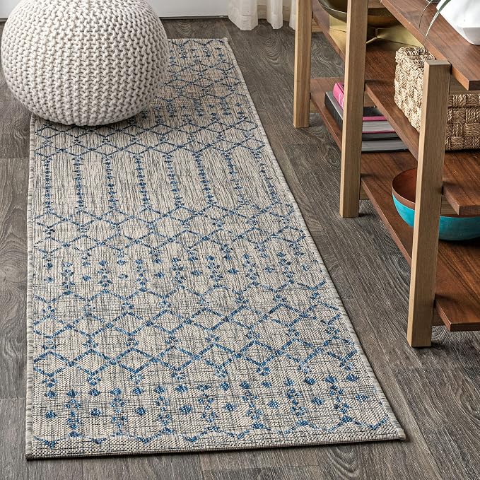 JONATHAN Y Moroccan Geometric Indoor Outdoor Runner Rug 2X20 Light Gray/Navy by JONATHANY