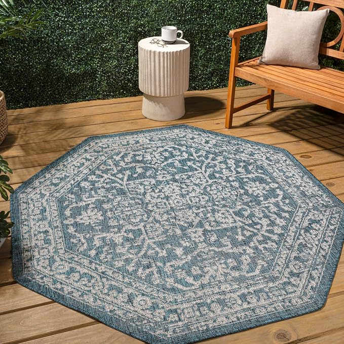 JONATHAN Y Boho Medallion Indoor Outdoor Octagon Area Rug 8 Ft Teal/Gray - Image 3