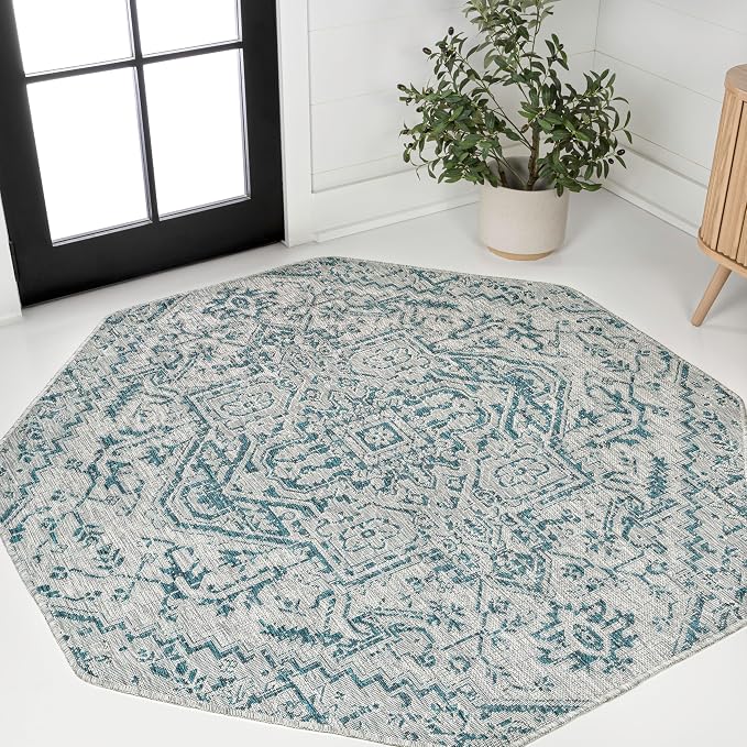 JONATHAN Y Boho Medallion Indoor Outdoor Octagon Area Rug 5 Ft Teal/Gray by JONATHANY