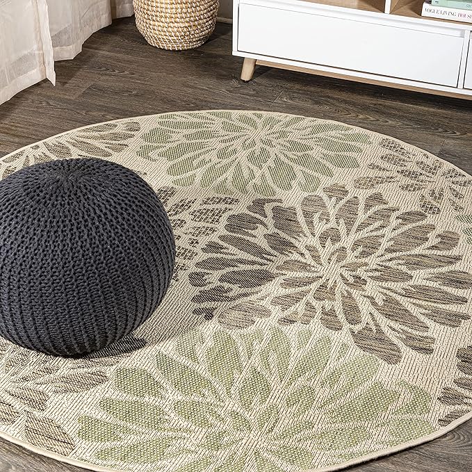 JONATHAN Y Floral Textured Weave Indoor Outdoor Round Area Rug 5 Ft Sage/Brown by JONATHANY
