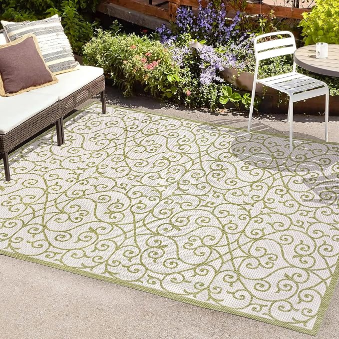 JONATHAN Y Vintage Filigree Indoor Outdoor Area Rug 8X10 Green/Cream, Madrid - Image 4