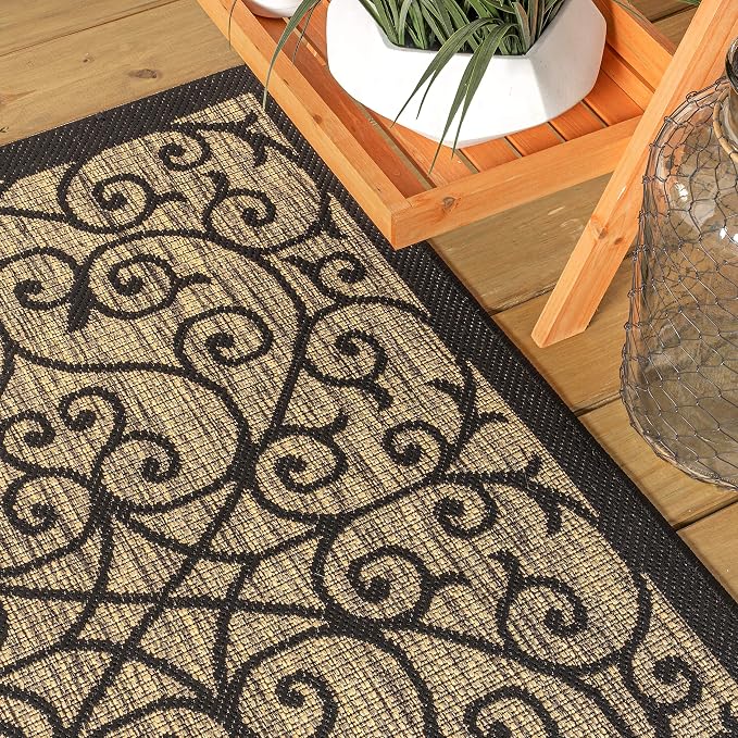 JONATHAN Y Vintage Filigree Indoor Outdoor Round Area Rug 4 Ft Black/Khaki - Image 4