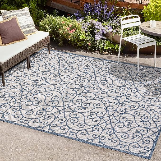 JONATHAN Y Vintage Filigree Indoor Outdoor Area Rug 5X8 Blue/Cream, Madrid - Image 3