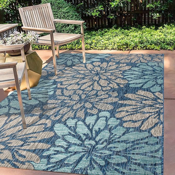 JONATHAN Y Floral Textured Weave Indoor Outdoor Area Rug 8X10 Navy/Aqua - Image 3