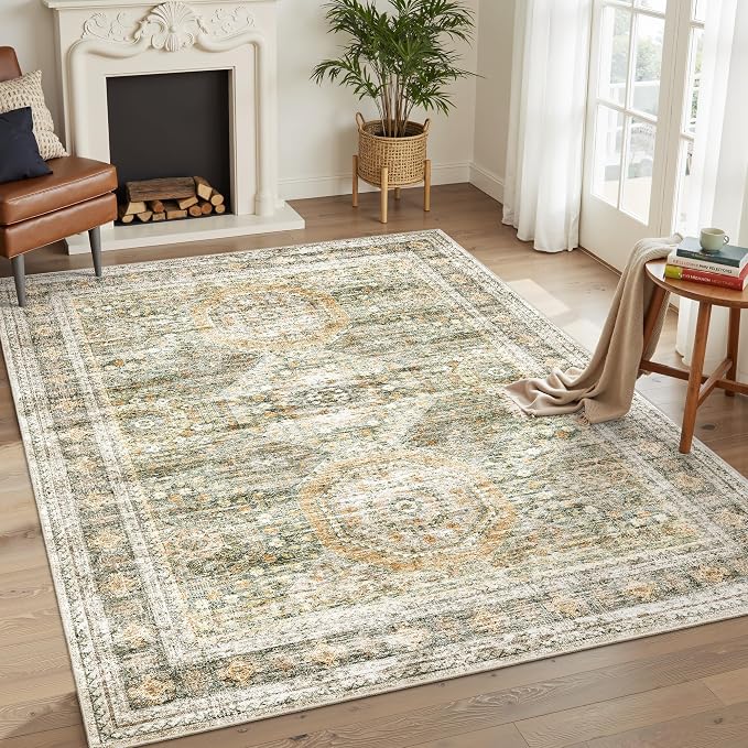 Soalmost 5x7 Area Rugs Green Orange Low Pile Indoor Washable Trendy Faded Style - Image 2