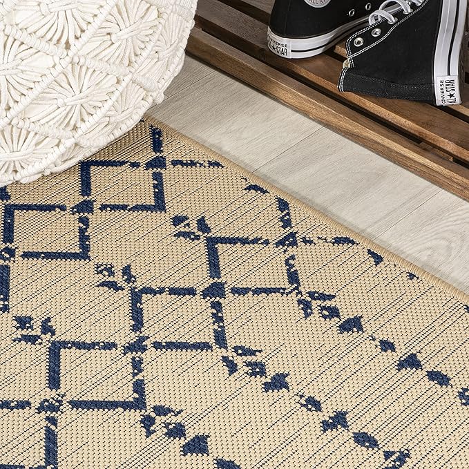 JONATHAN Y Moroccan Geometric Indoor Outdoor Round Area Rug 9 Ft Beige/Navy - Image 6