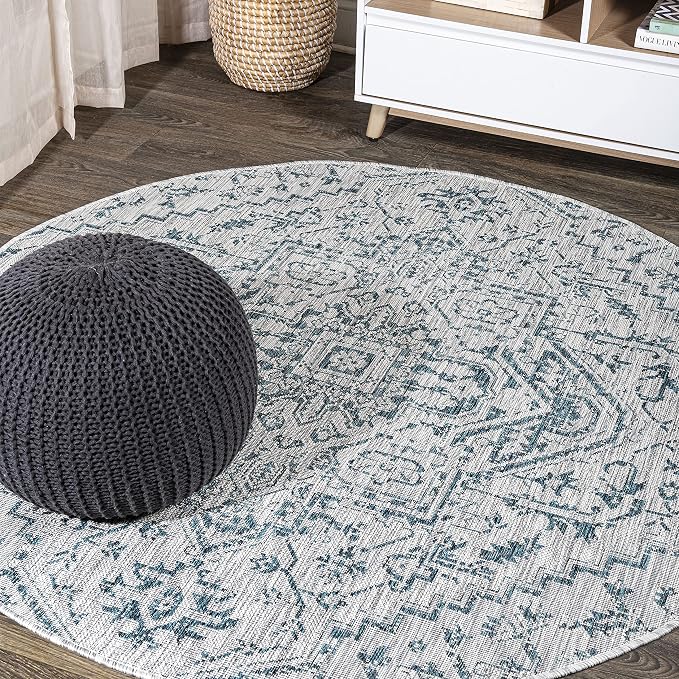 JONATHAN Y Boho Medallion Indoor Outdoor Round Area Rug 9 Ft Teal/Gray by JONATHANY