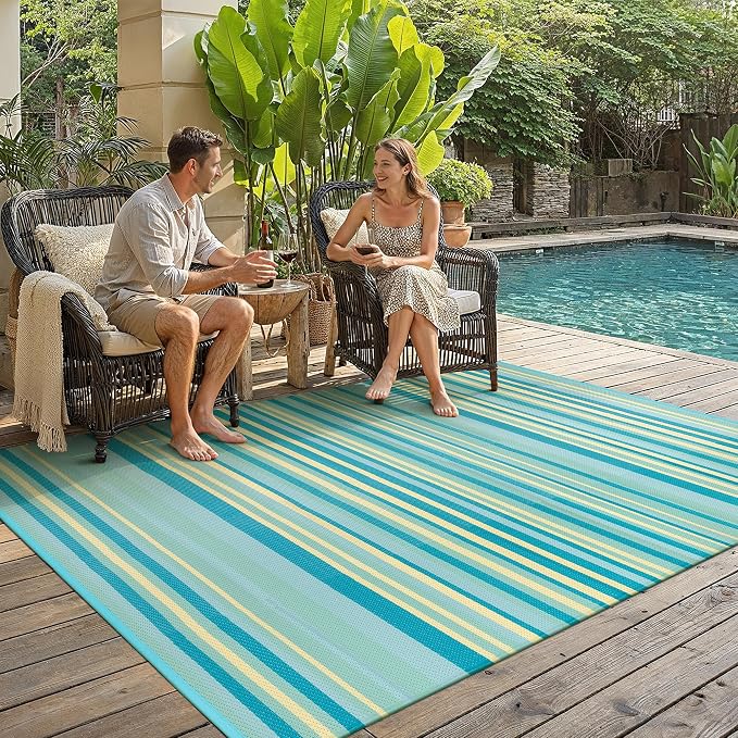 Outdoor Plastic Straw Rug Waterproof Patio 5x8 Teal Yellow Stripe Mat - Image 2