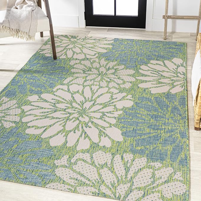 JONATHAN Y Floral Textured Weave Indoor Outdoor Area Rug 5X8 Cream/Green - Image 3